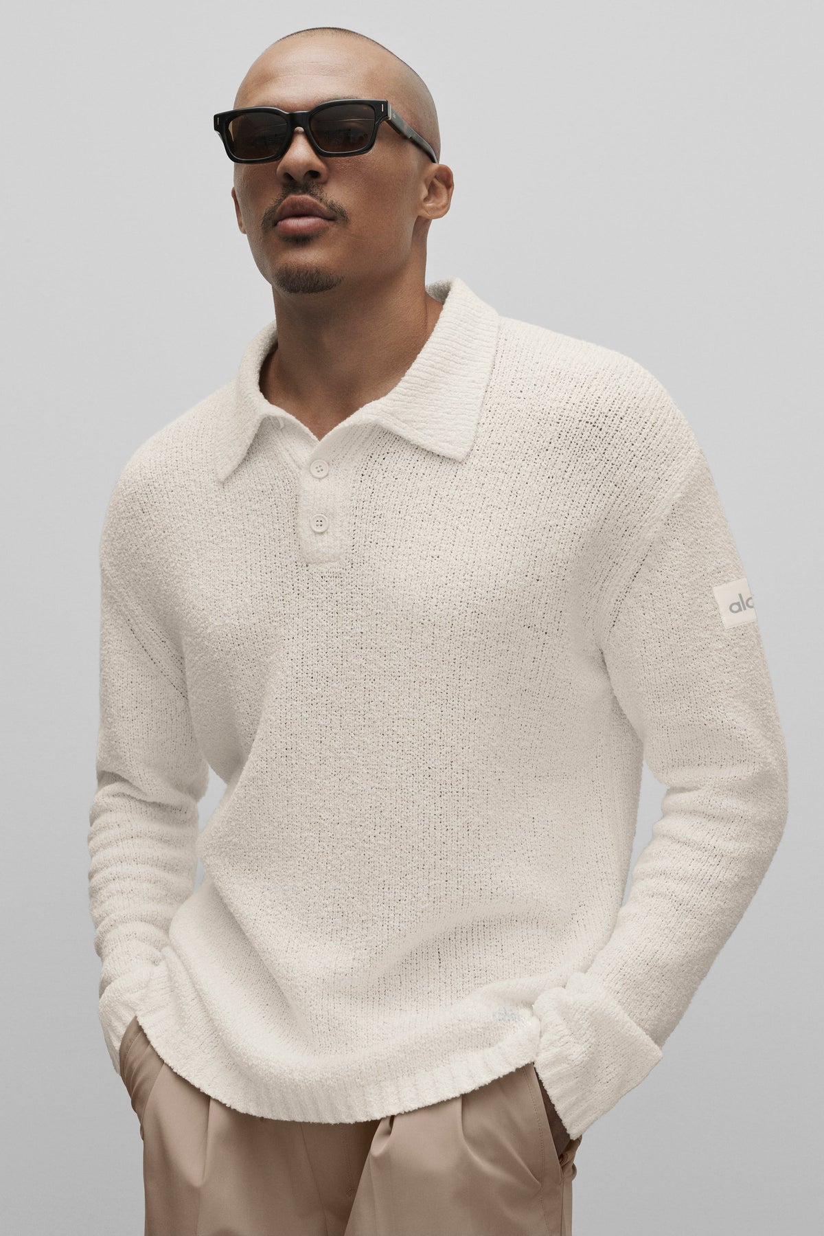 Textured Knit Long Sleeve Polo - Ivory